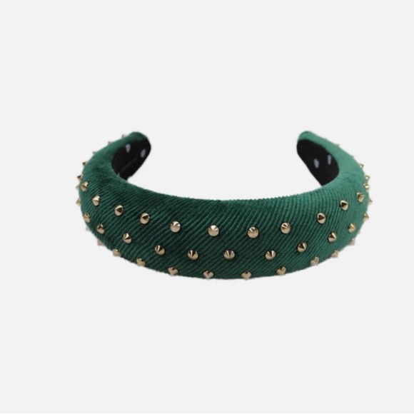 RARE Lele Sadoughi Emerald Green Velvet Corduroy Padded Gold Studs Headband NWOT - Picture 4 of 6